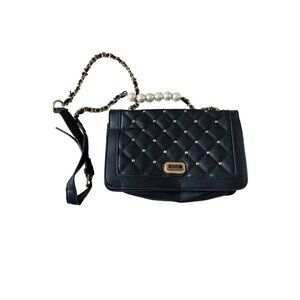 Badgley Mischka Womens Studs Crossbody Bag‎ Black Vegan Leather Pearls Classy